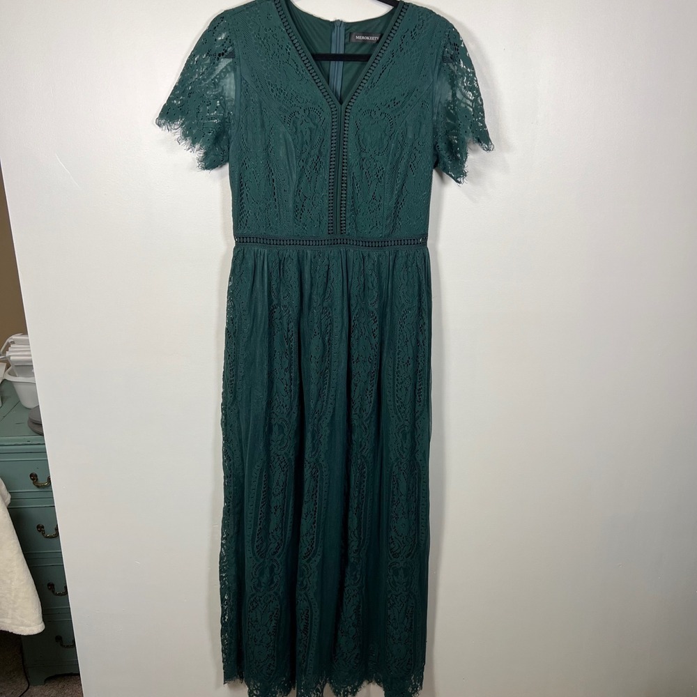 MEROKEETY Womens Lace V-Neck Maxi Dress Short Sleeve Emerald Green Large